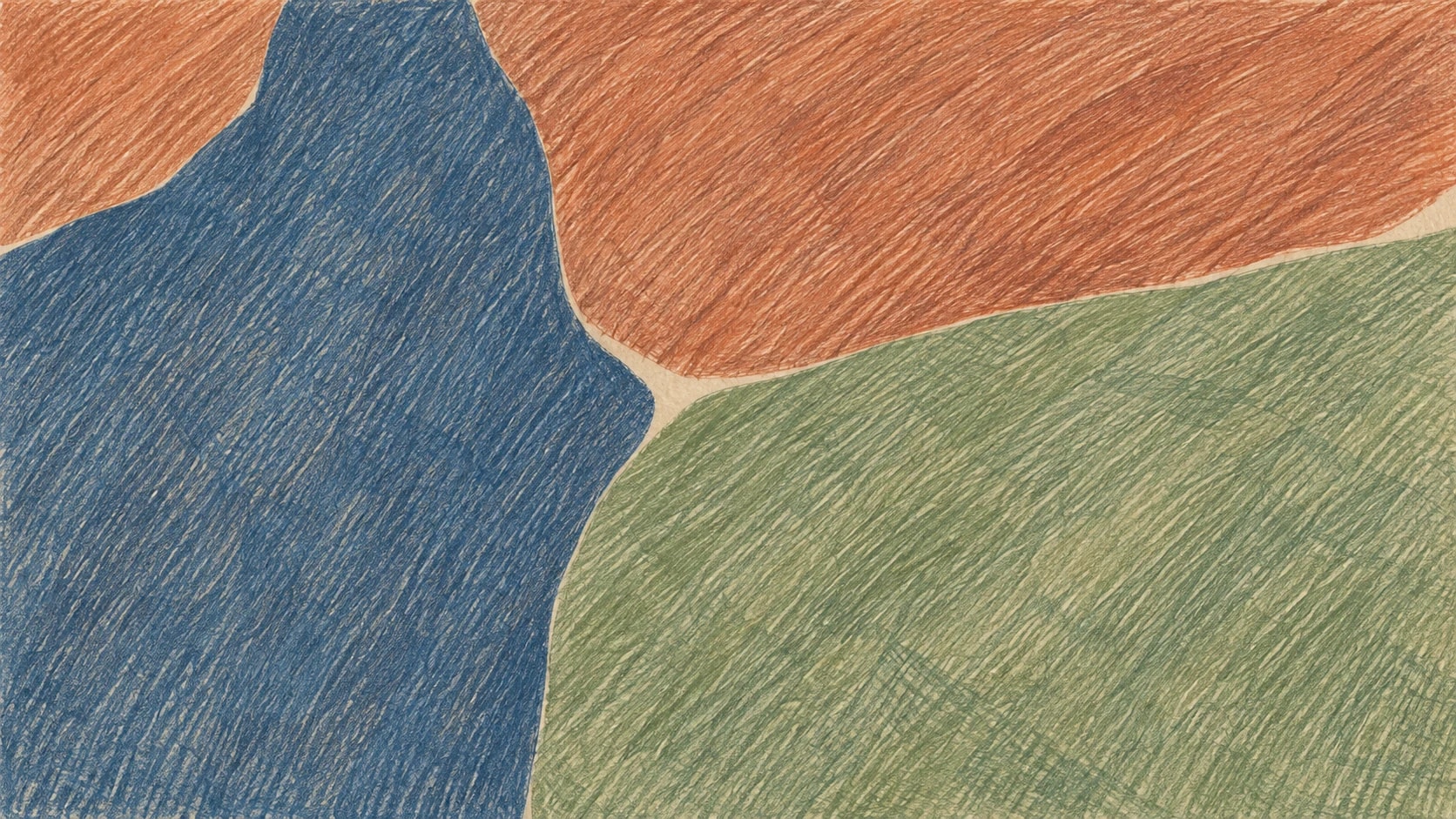 Broad slate-blue, terracotta and sage colored-pencil fields meet across warm ivory paper.