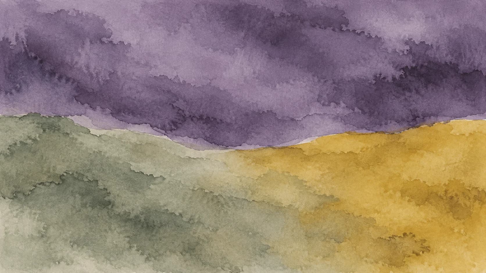 A broad plum watercolor field meets sage and ochre washes along an irregular low boundary.