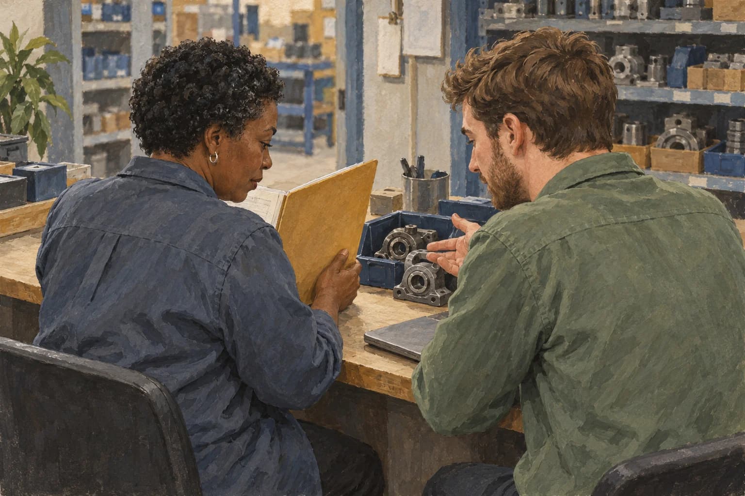 A service coordinator holds a repair-case folder while an inventory colleague discusses parts at a distributor’s counter.