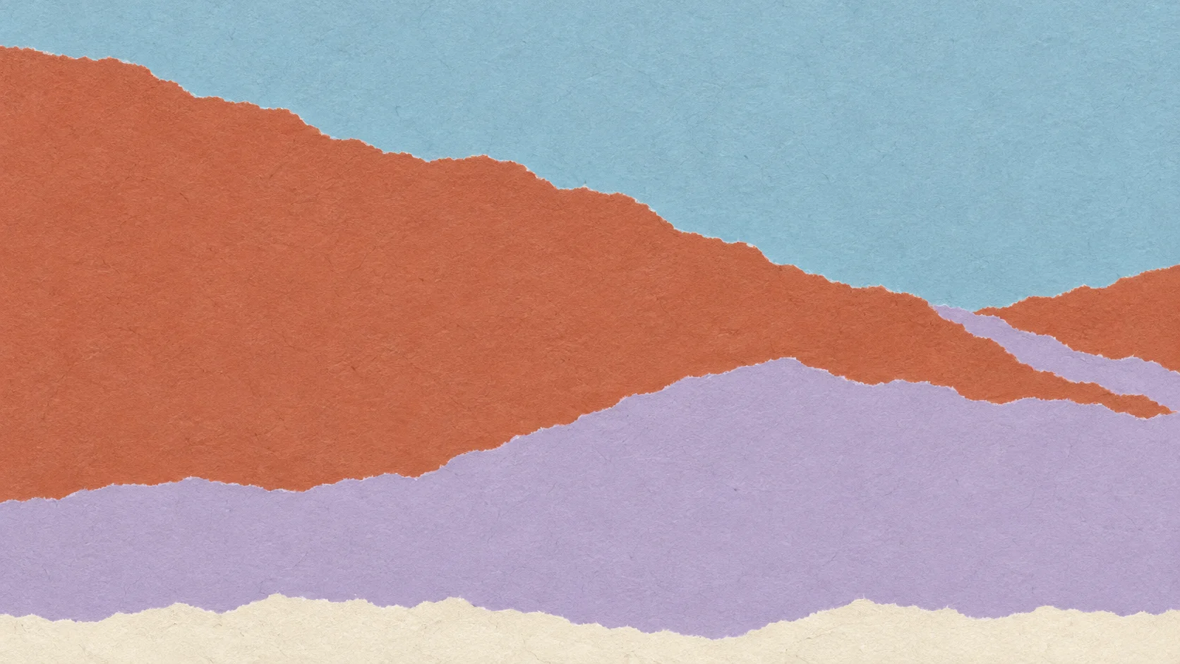 Broad blue, clay and lavender torn-paper layers descend across the frame, with an uneven lavender seam at the right edge.
