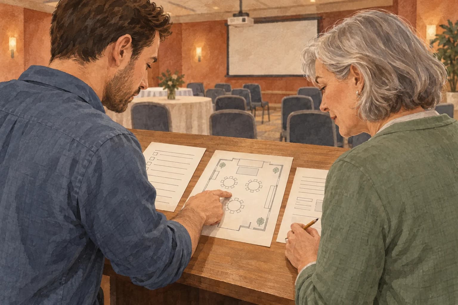 An event coordinator points to a room plan while a technical colleague checks source sheets beside him at a conference-room desk.