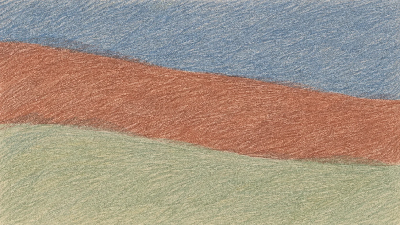 Broad slate, terracotta and sage pencil-hatched fields meet along two gently descending irregular edges.