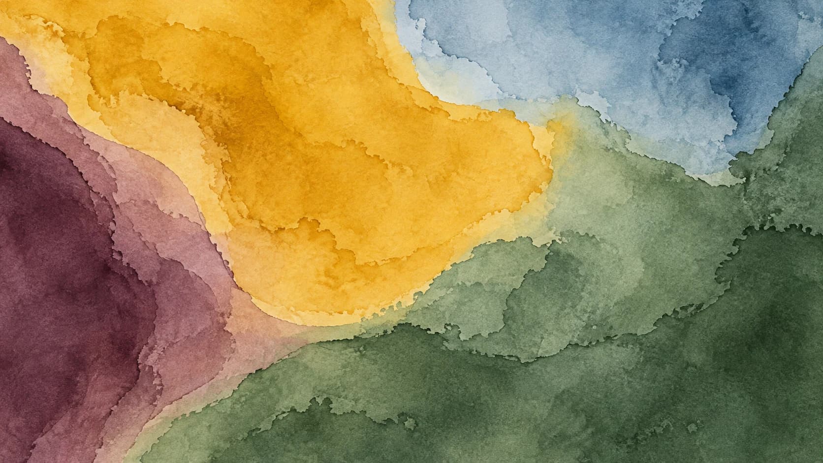 Broad mustard, sage, slate and plum watercolor washes meet in soft irregular bays across opaque paper.