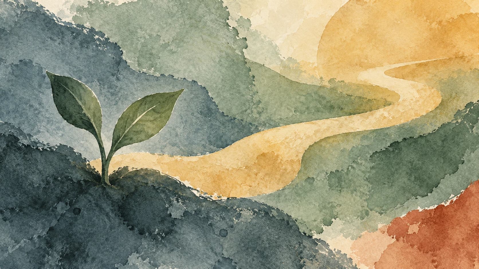 A small leafy shoot rises between slate and sage watercolor washes beside an ochre passage.