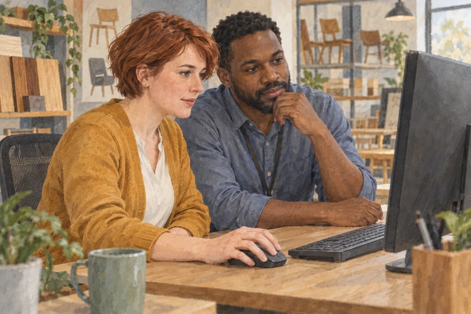 A purchasing coordinator and a support colleague sit beside a desktop monitor facing them as they discuss a supplier-update problem.