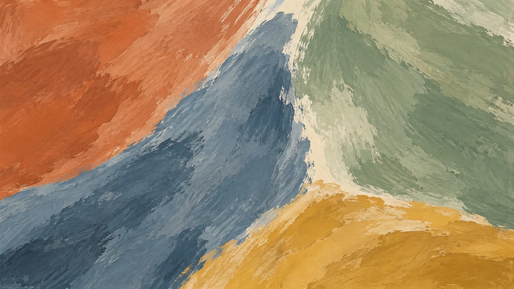 Broad slate, sage, terracotta and ochre brush impressions balance across an opaque painted field.