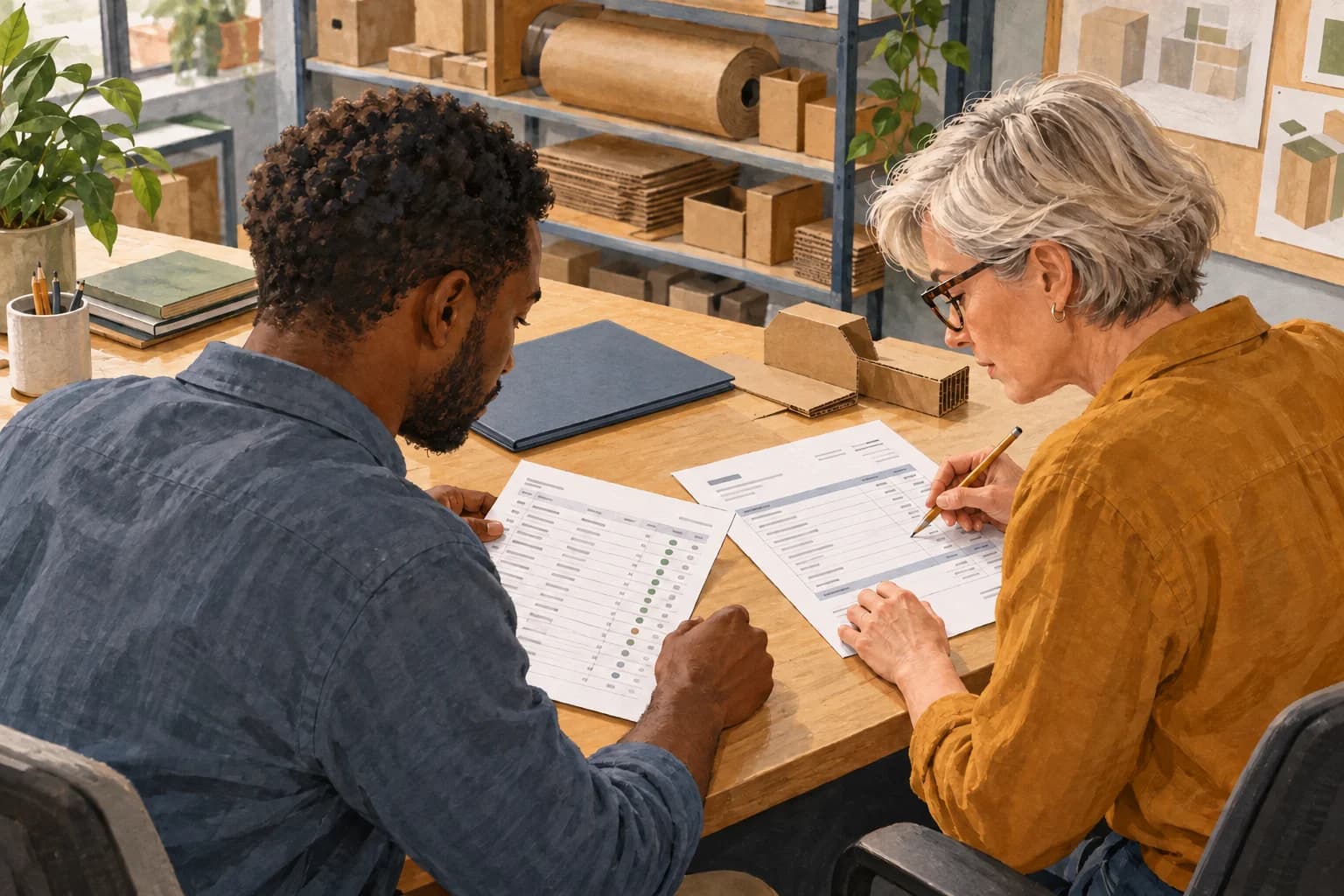 A finance partner and IT colleague in a packaging office trace a printed charge against an access roster, with both documents facing them.