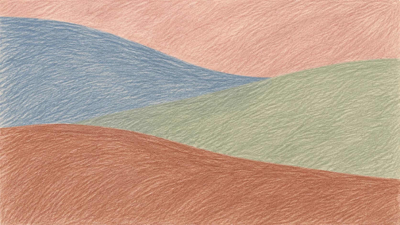 Broad slate-blue, sage and terracotta pencil fields overlap beneath a dusty rose field on warm paper.