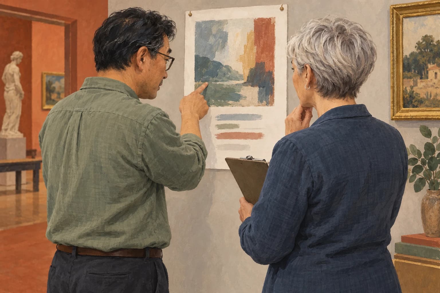 A museum communications officer and a manager face an upright exhibition proof together while comparing it with a brief held toward them.
