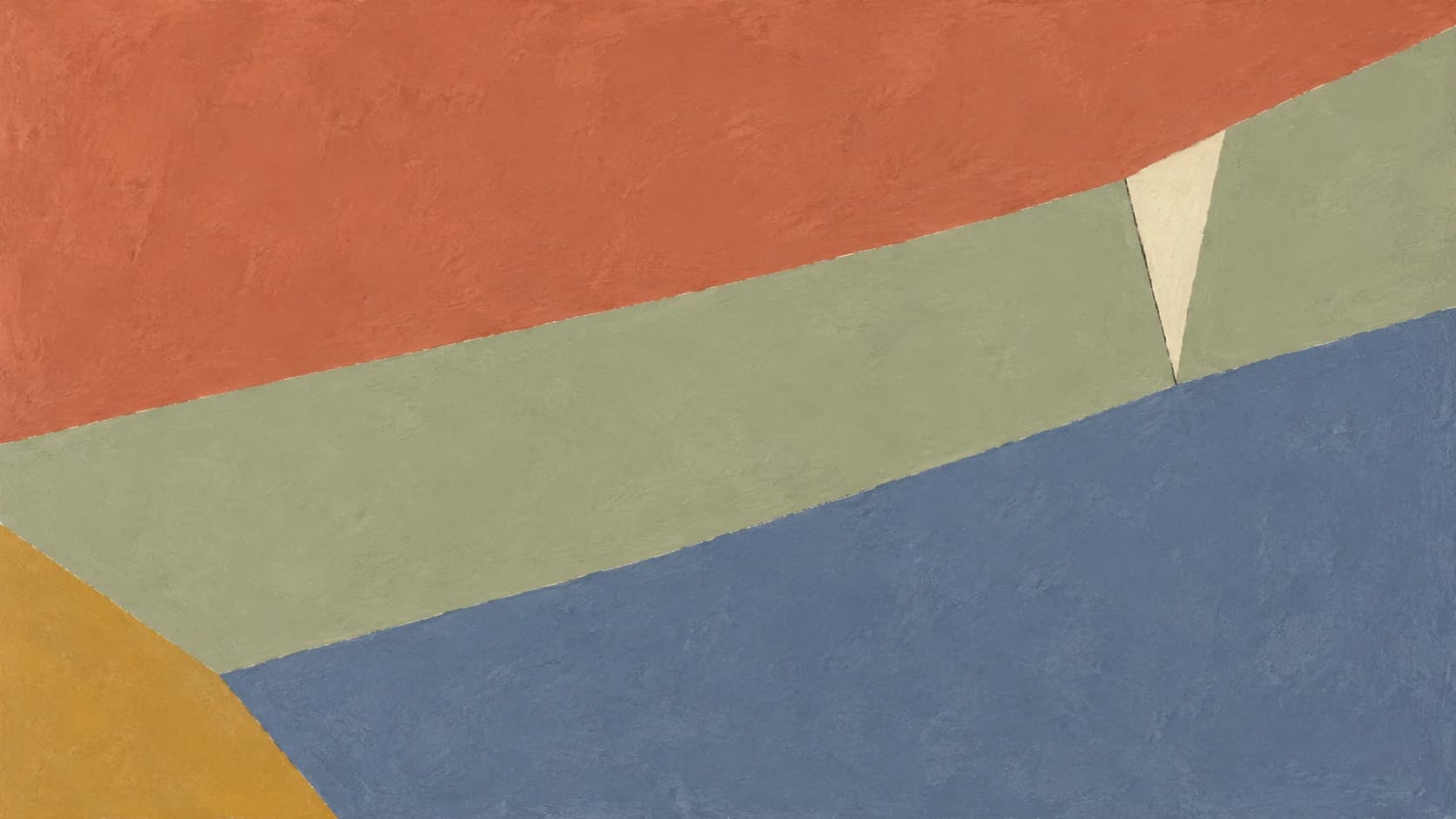 A broad oblique sage plane fits between clay and slate-blue painted fields, with an ochre corner and narrow ivory joint.