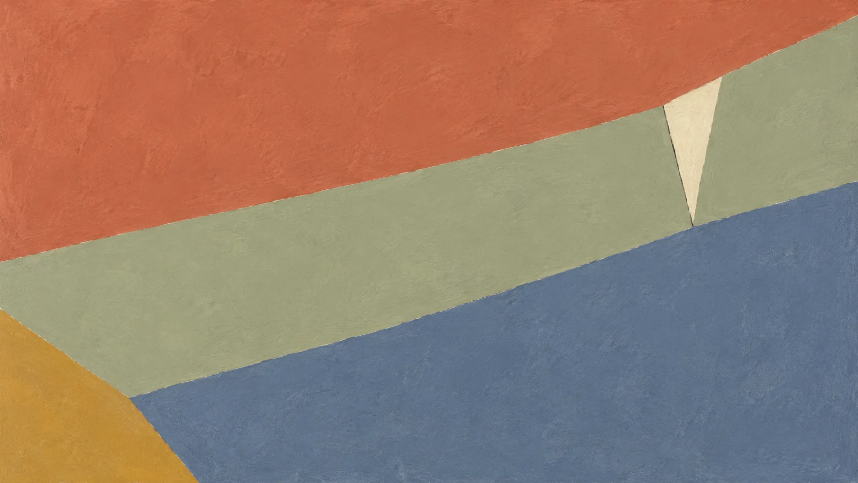 A broad oblique sage plane fits between clay and slate-blue painted fields, with an ochre corner and narrow ivory joint.