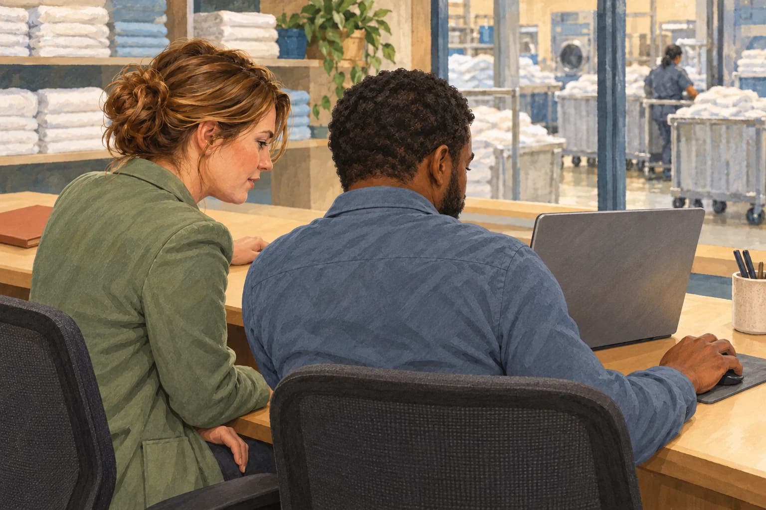 A procurement lead and IT colleague sit beside each other inspecting a laptop demonstration in a commercial laundry office, with the display and mouse facing the workers.