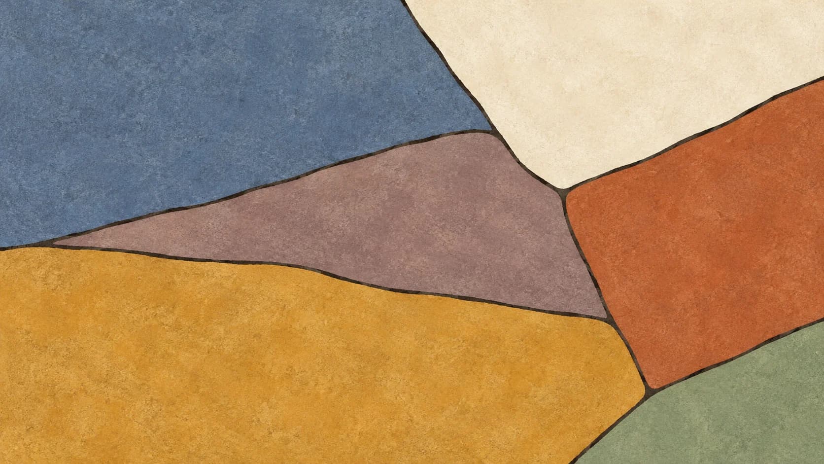 Broad slate, ivory, mauve, ochre and terracotta mineral-pigment pieces meet along offset charcoal boundaries.