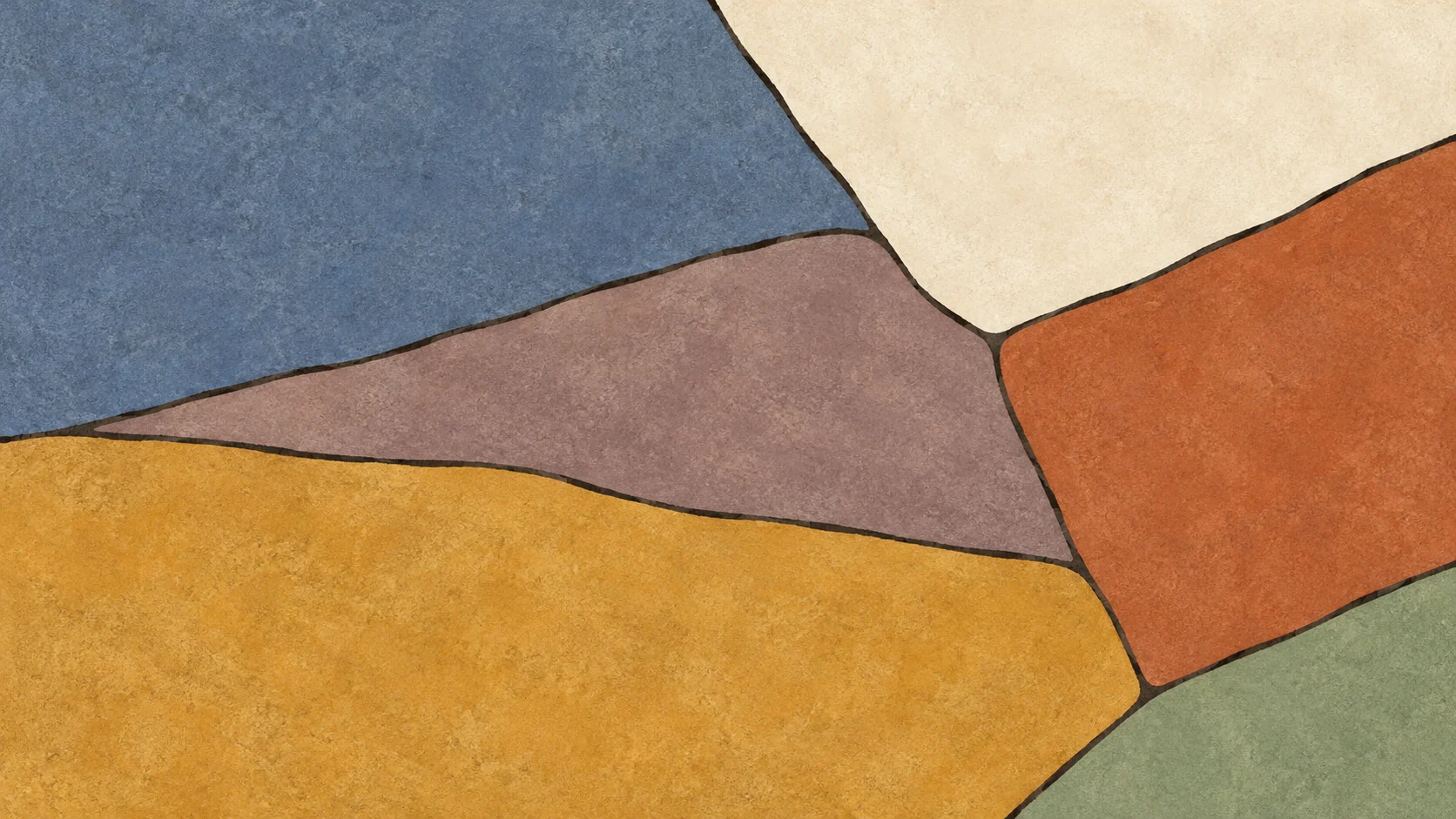 Broad slate, ivory, mauve, ochre and terracotta mineral-pigment pieces meet along offset charcoal boundaries.