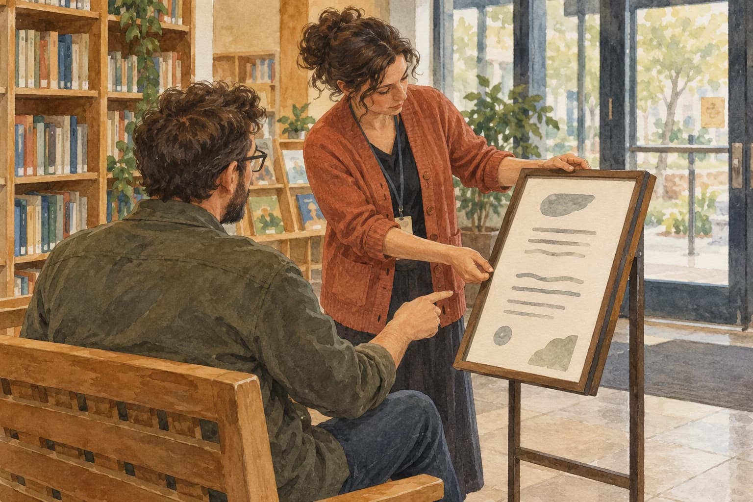A library employee adjusts a freestanding notice toward a seated colleague, who points to its lower section during a reading rehearsal.