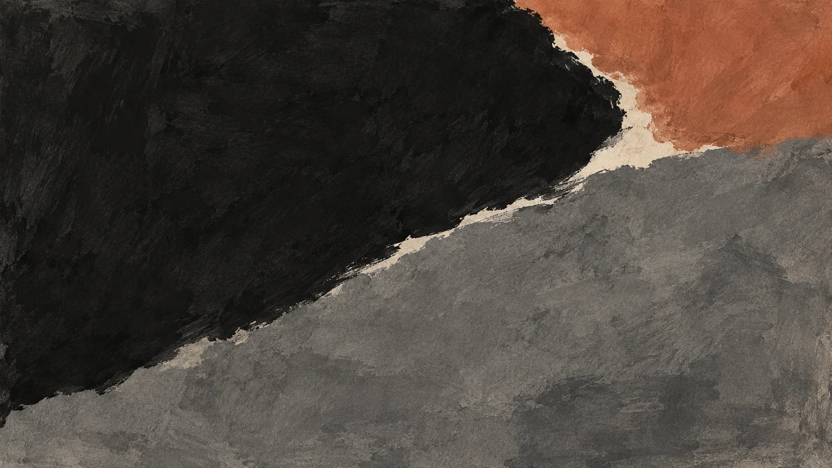 Broad charcoal and graphite ink fields meet along an oblique ivory edge, with a muted clay impression at the upper right.
