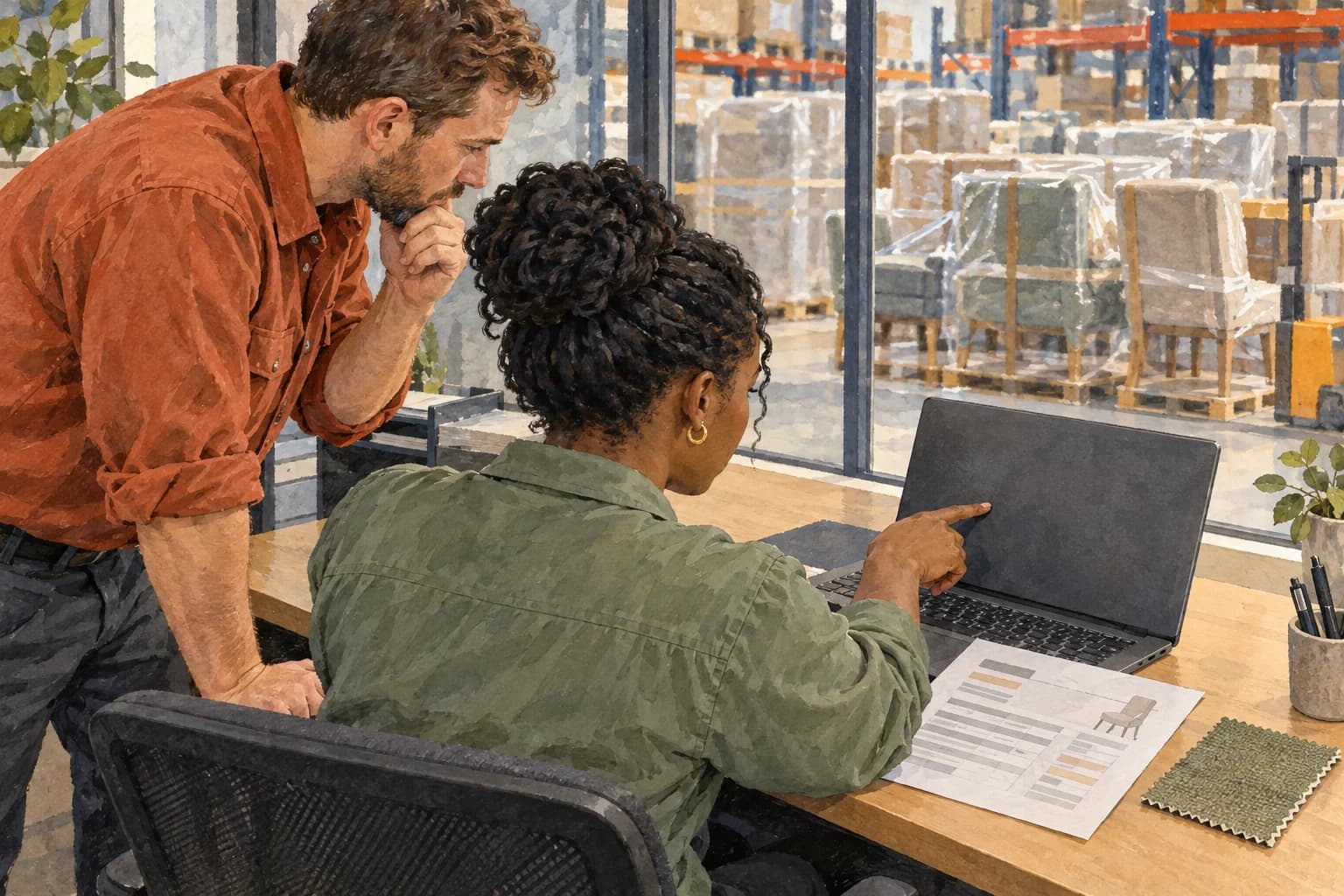 A furniture dispatch coordinator and warehouse supervisor examine a laptop beside a dispatch sheet, with wrapped chairs beyond the office. The screen, keyboard and paper face the coordinator.