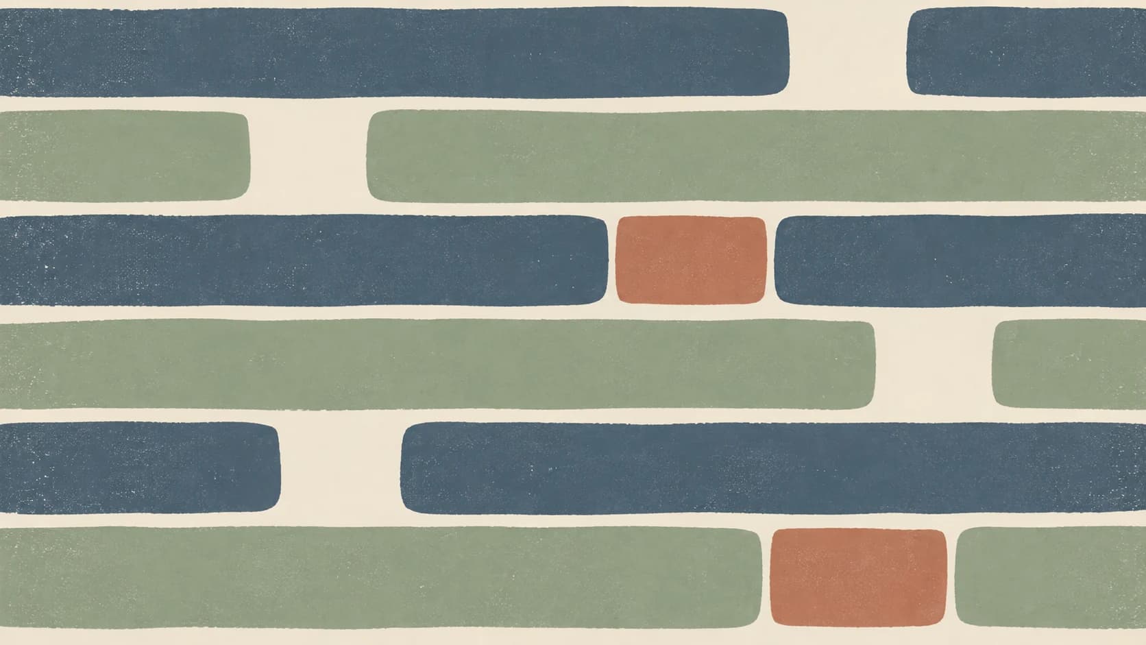 Six slate and sage printed rows cross ivory gaps, with two terracotta blocks marking selected interruptions.