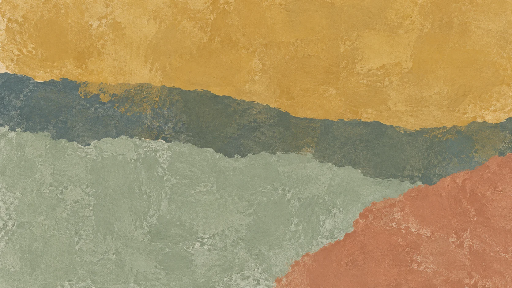 Broad ochre and sage monoprint impressions meet across an irregular slate contact field, with clay pigment entering one corner.
