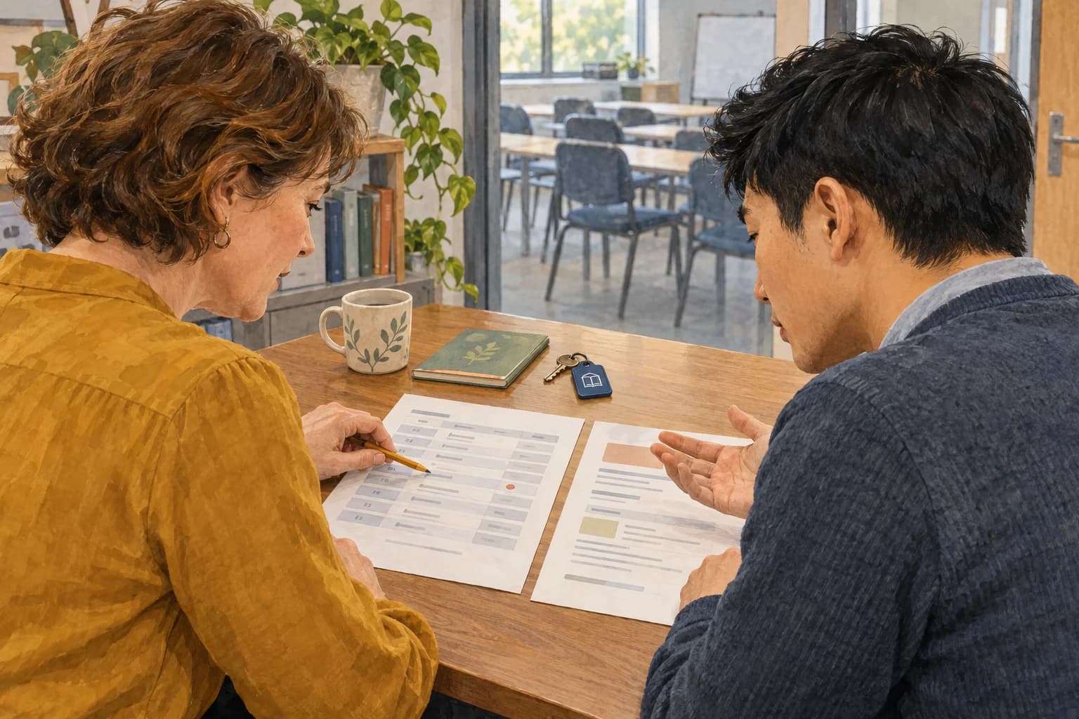 Two course administration colleagues compare a schedule and an announcement draft at a table beside an empty classroom. Both pages face the colleagues, and one points to a row while the other asks a question.