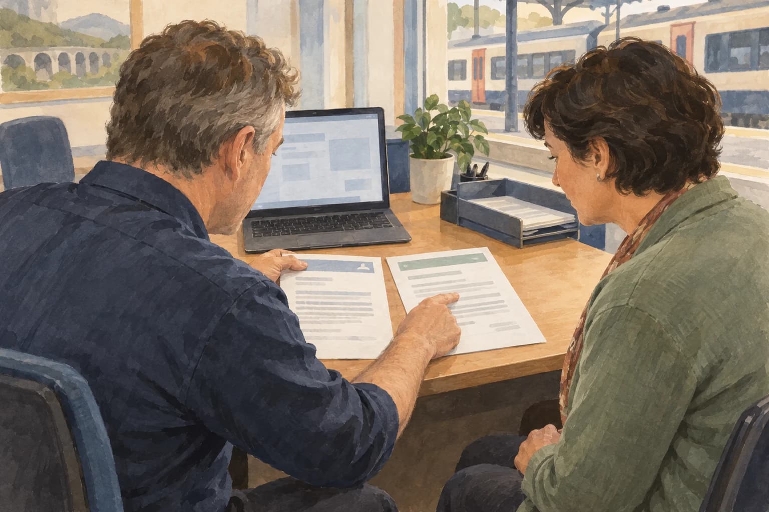 A railway customer-service adviser compares source and draft pages while a coach watches beside him, with the papers and laptop facing the adviser.