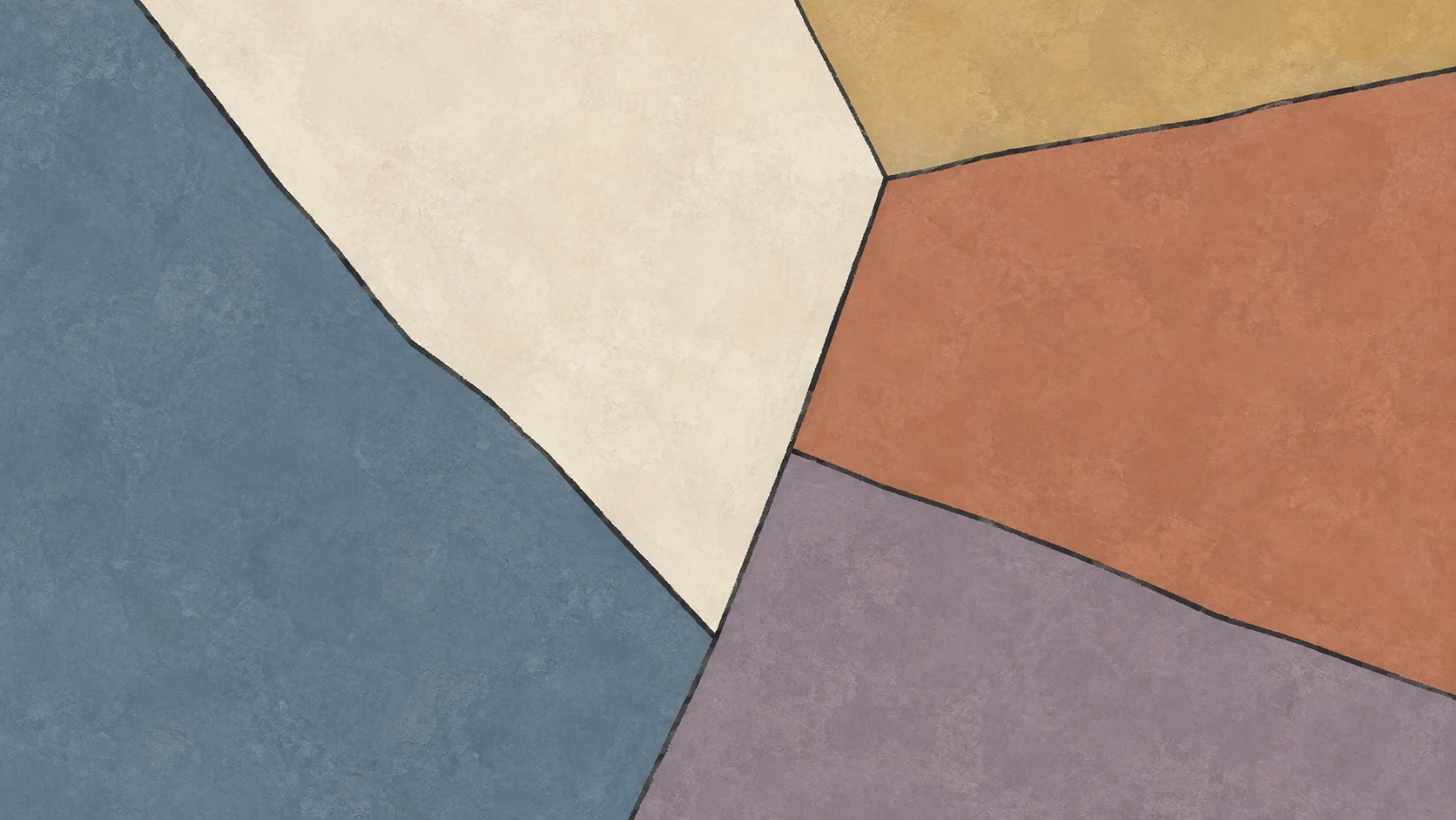 Broad muted blue, ivory, terracotta, mauve and ochre mosaic pieces meet at irregular charcoal boundaries.