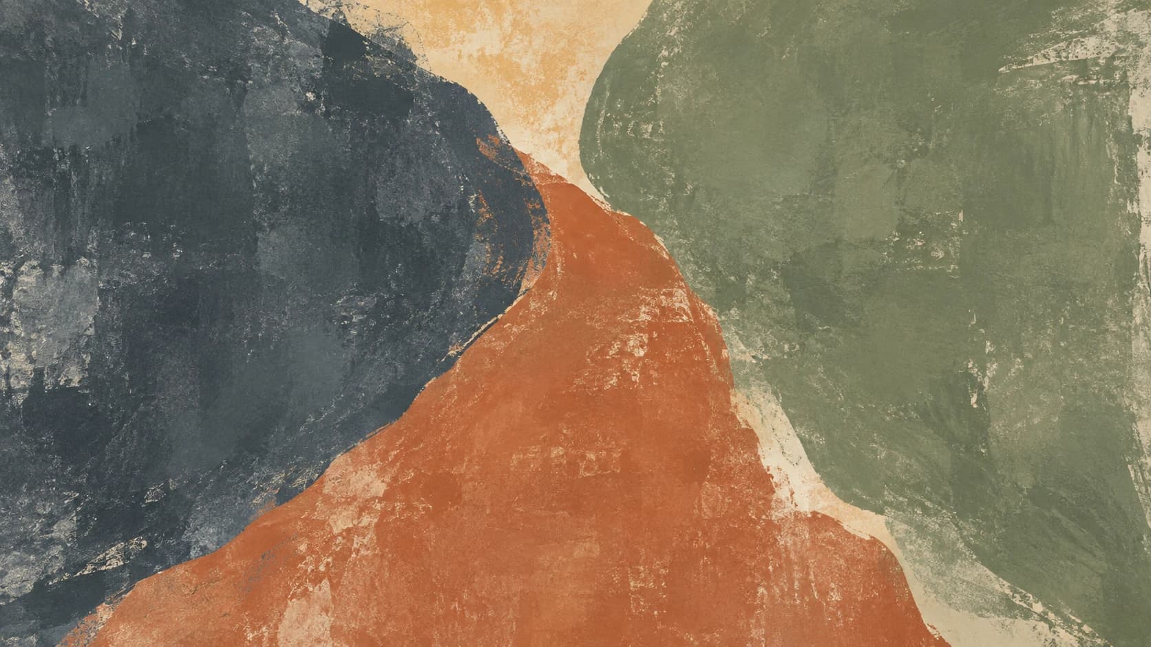 Slate and sage pigment fields meet a broad terracotta impression.