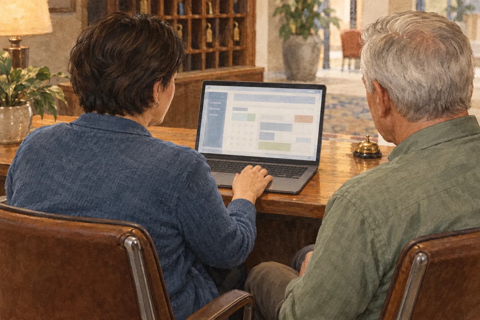 A hotel reservations coordinator operates a laptop facing her while a colleague sits beside her and quietly observes.