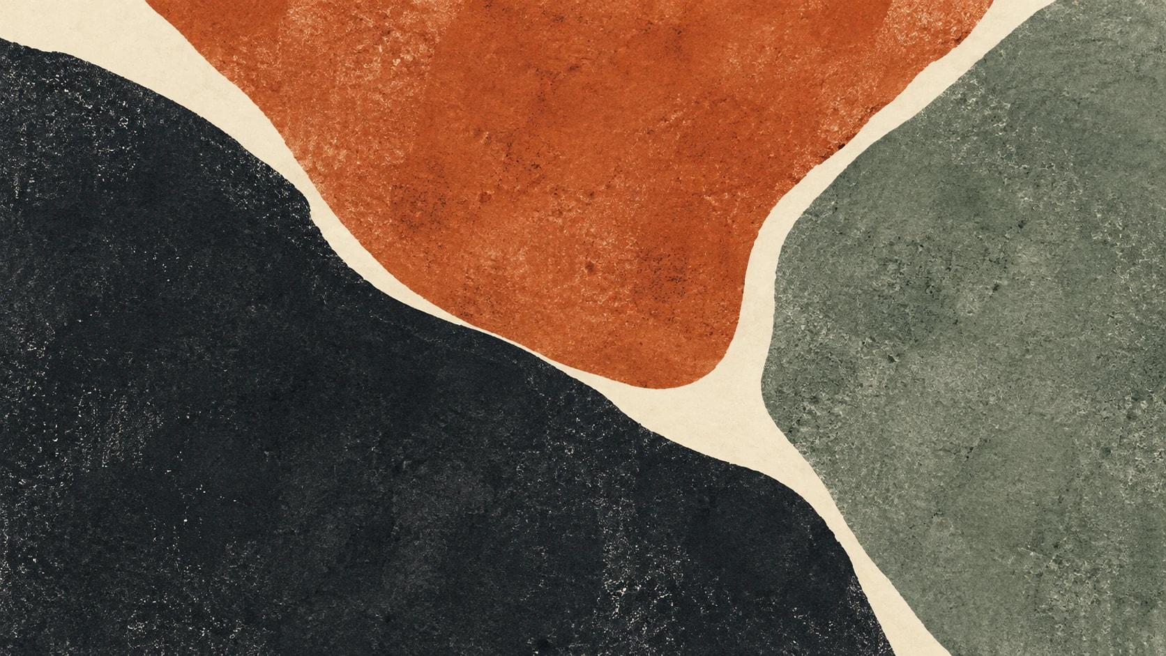 Broad charcoal, terracotta and sage ink fields are separated by narrow ivory seams.