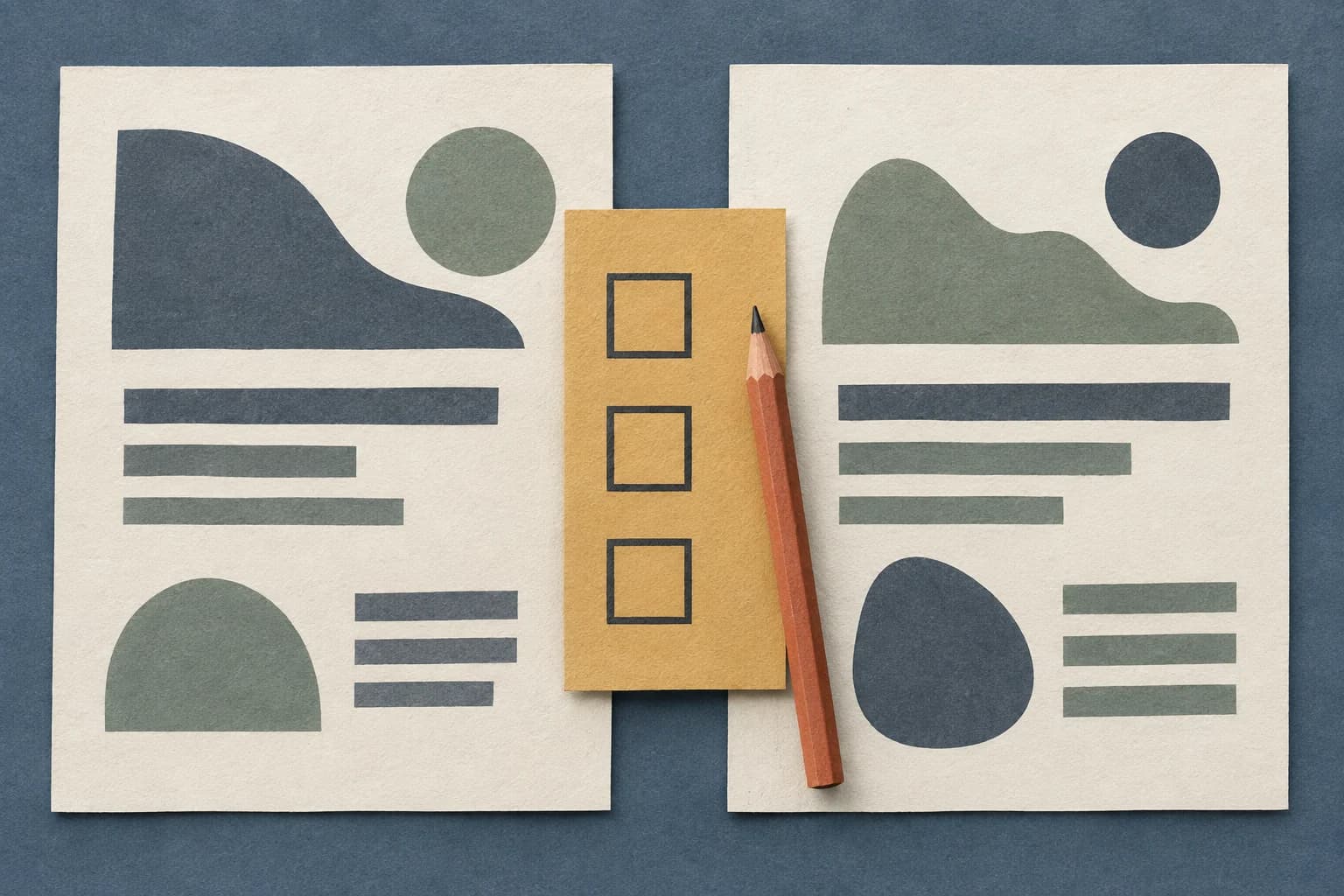 Two different document layouts sit beside one shared review card and pencil.