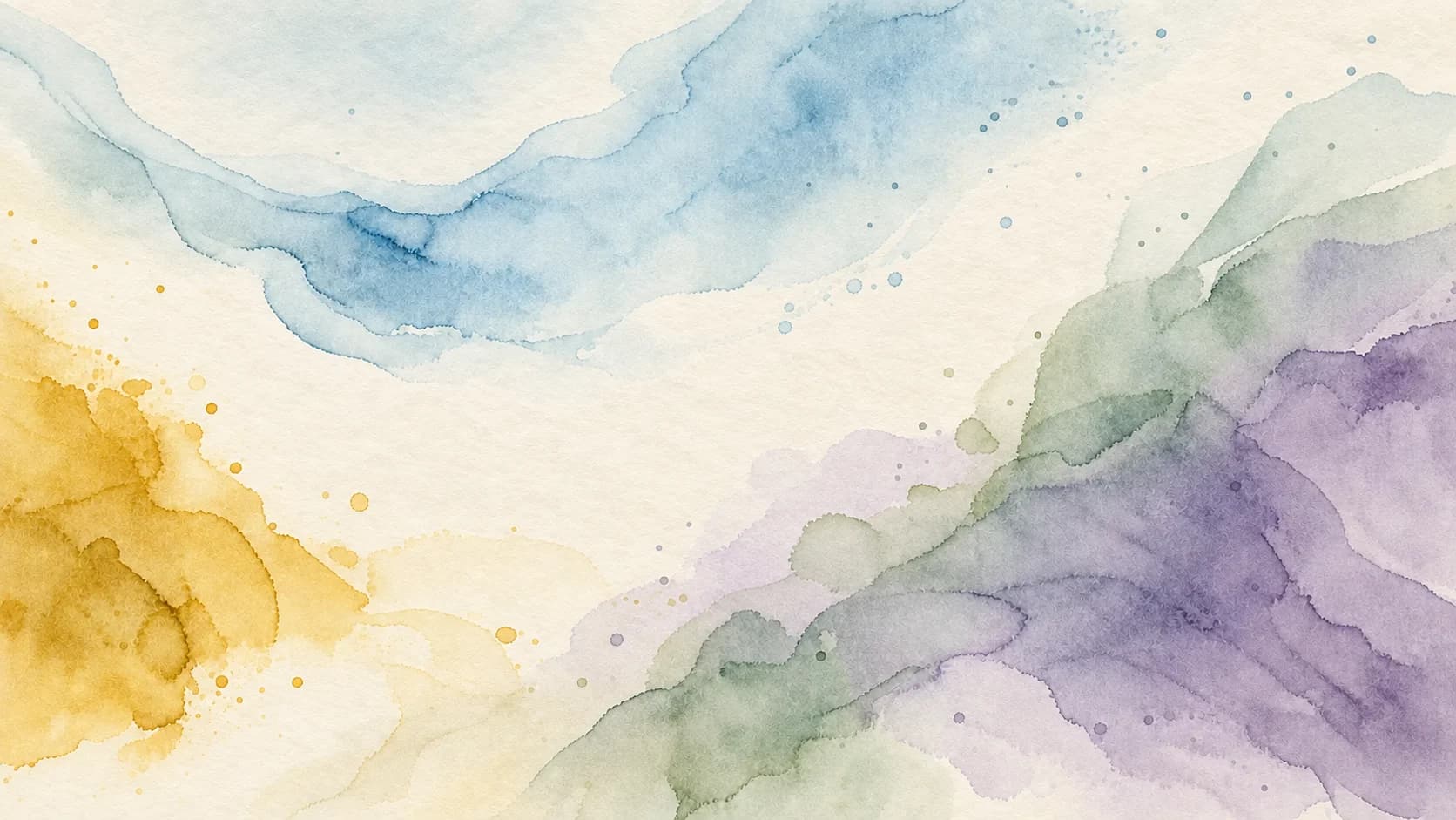 Broad watercolor washes in blue, ochre, sage and violet overlap across textured paper.