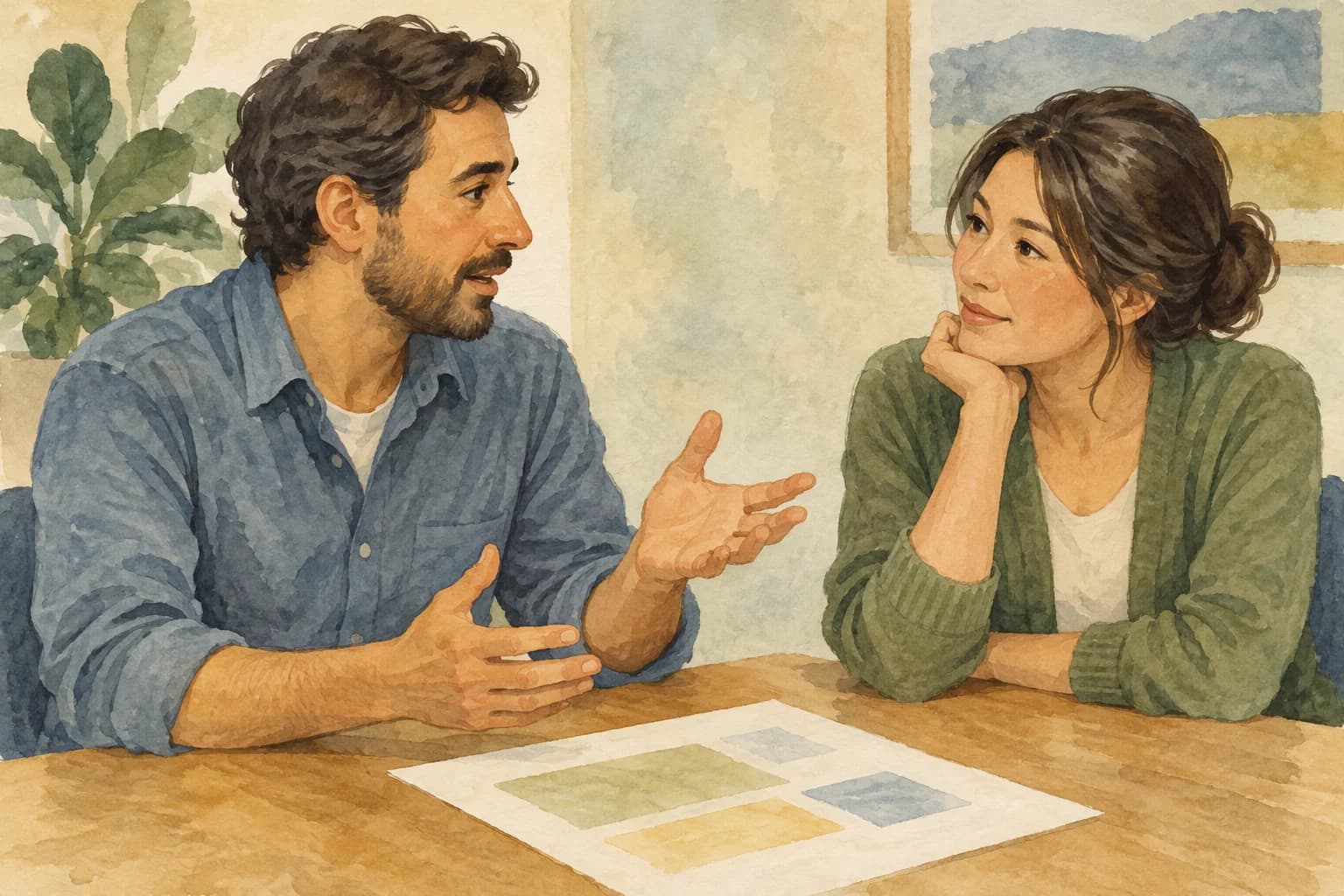 Two colleagues discuss a document at a table. One explains with open hands while the other listens.
