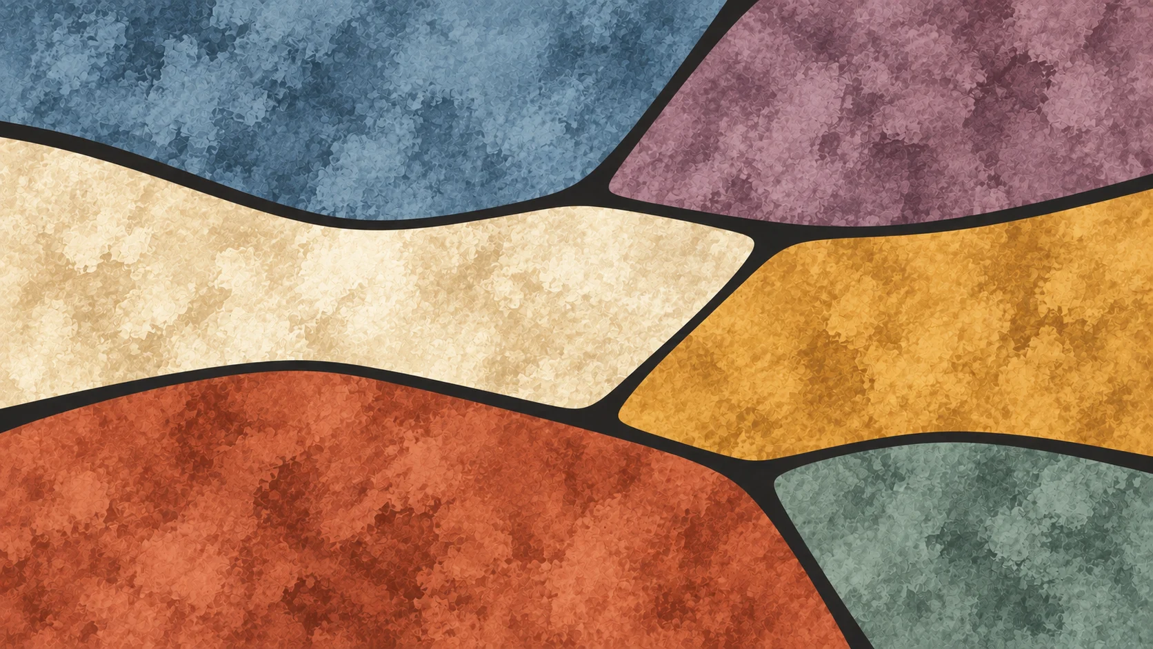 Broad blue, mauve, ivory, honey and terracotta mosaic fields adjoin along warm charcoal seams.