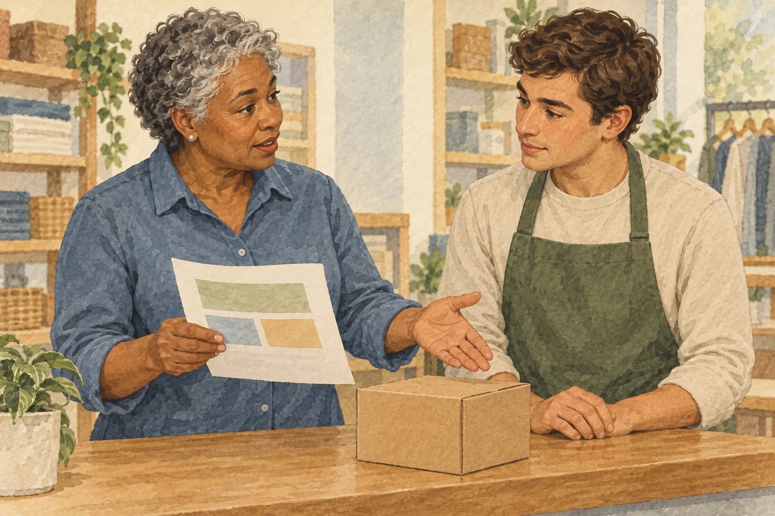 A retail supervisor and store associate stand at a counter, comparing a practice sheet beside a plain boxed item.