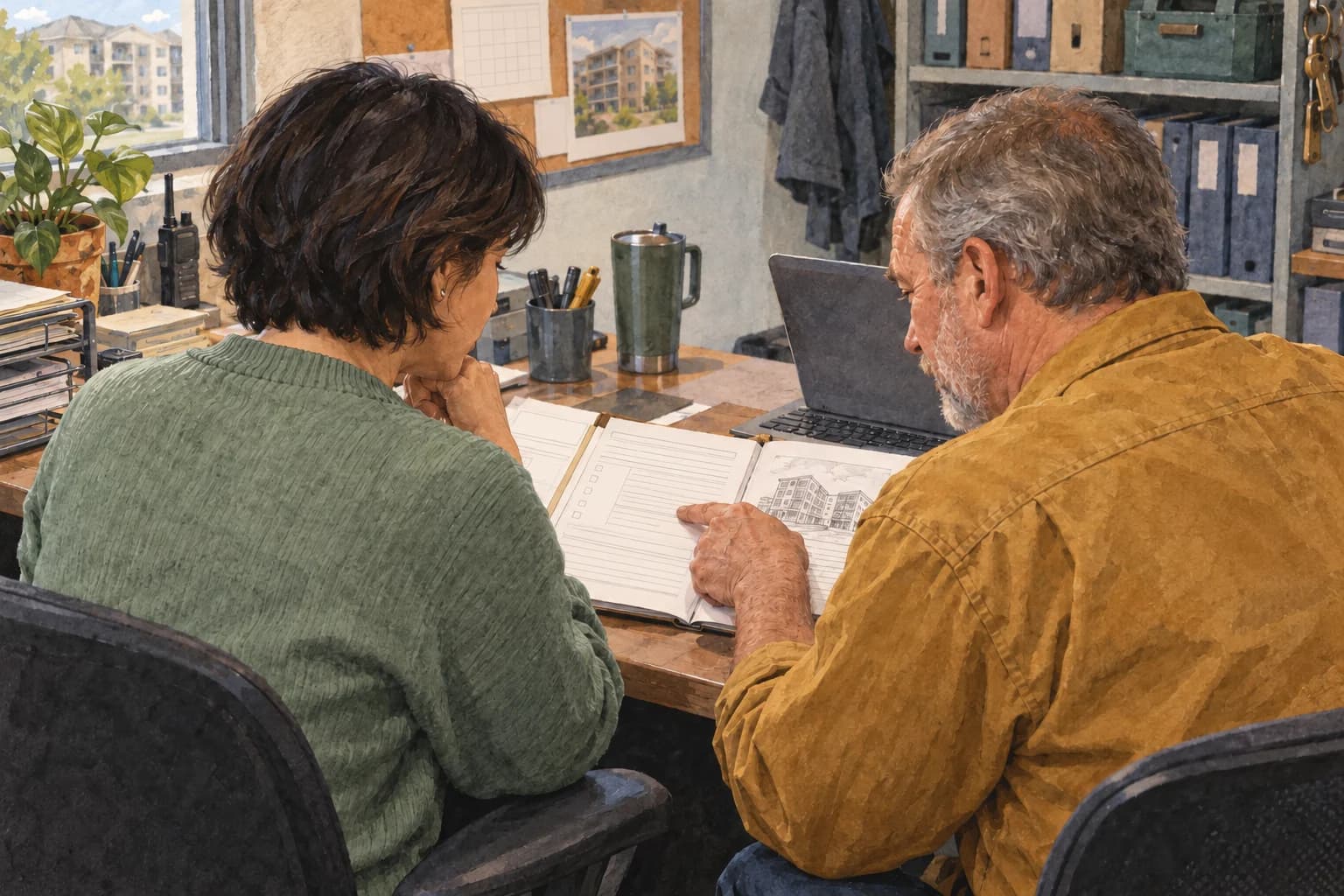 An adoption lead listens as a maintenance coordinator points to a job-record binder, with the binder and laptop facing the workers.