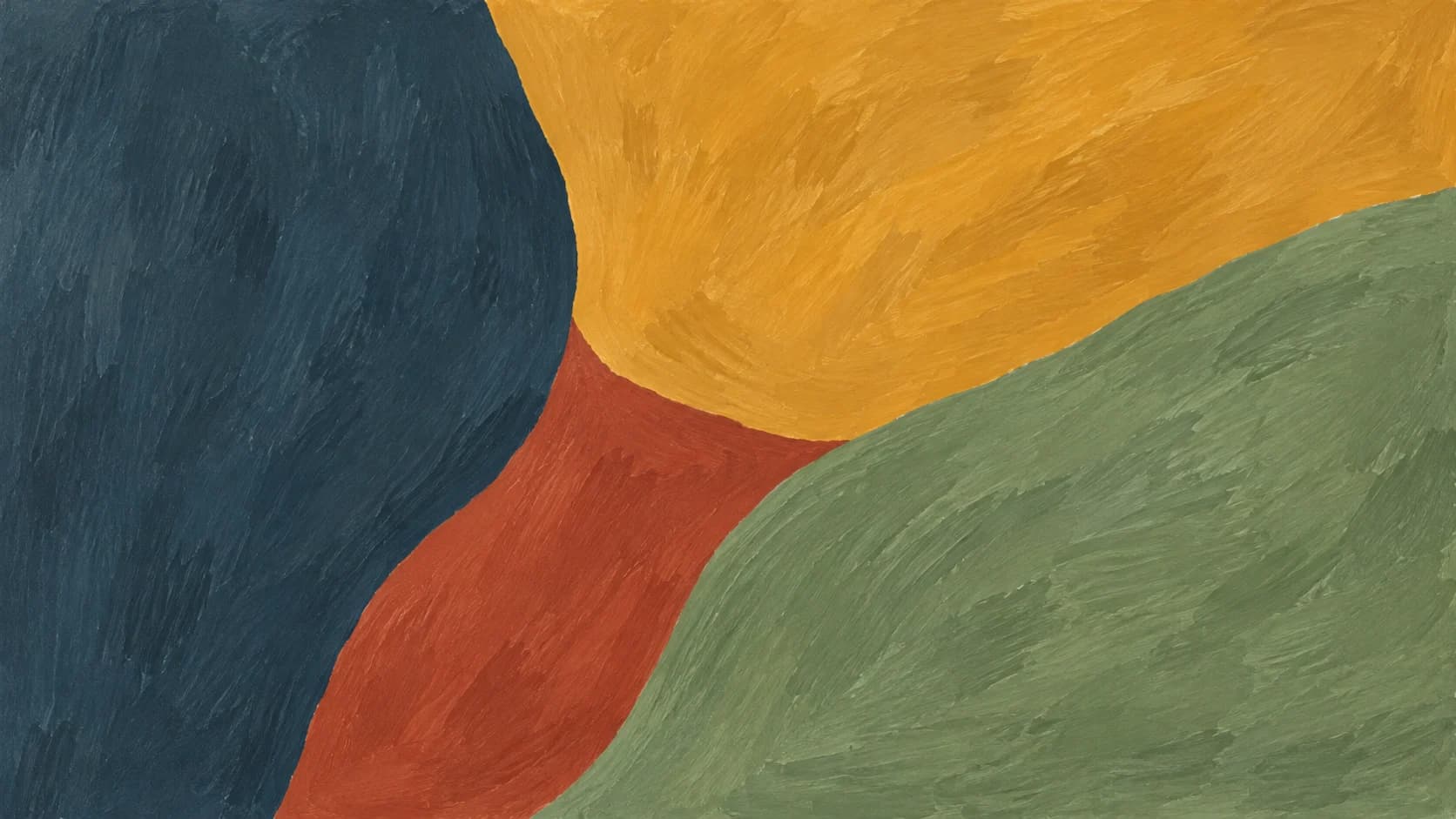 Broad slate, ochre, sage and clay pigment fields meet in an asymmetrical balance.