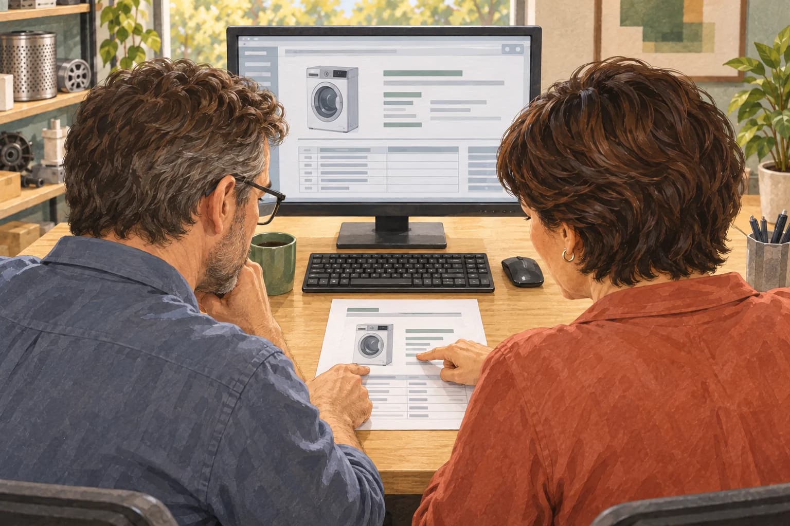 A warranty specialist and an IT colleague compare an appliance record with a desktop display, with the paper, keyboard and screen facing them.
