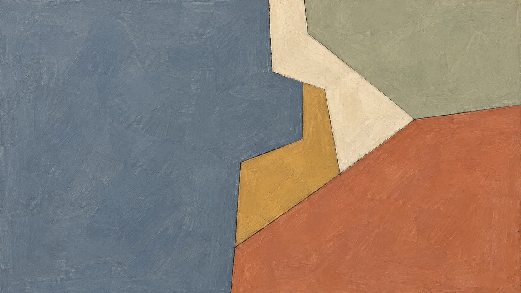 Broad slate, sage and terracotta planes fit around a stepped ochre join on an opaque painted canvas.