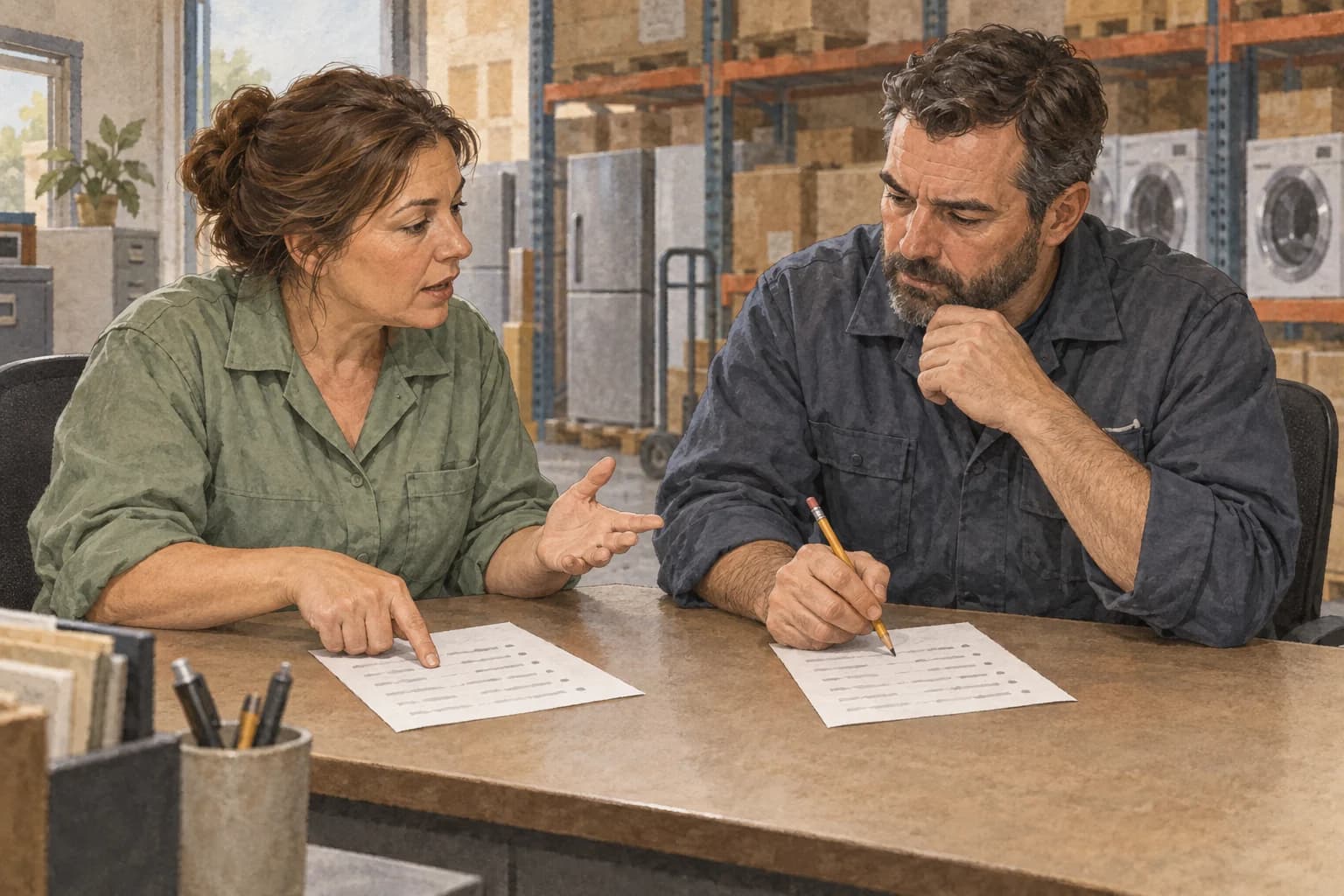 An inventory coordinator explains a page of notes while a warehouse manager listens with a pencil poised over his own sheet.