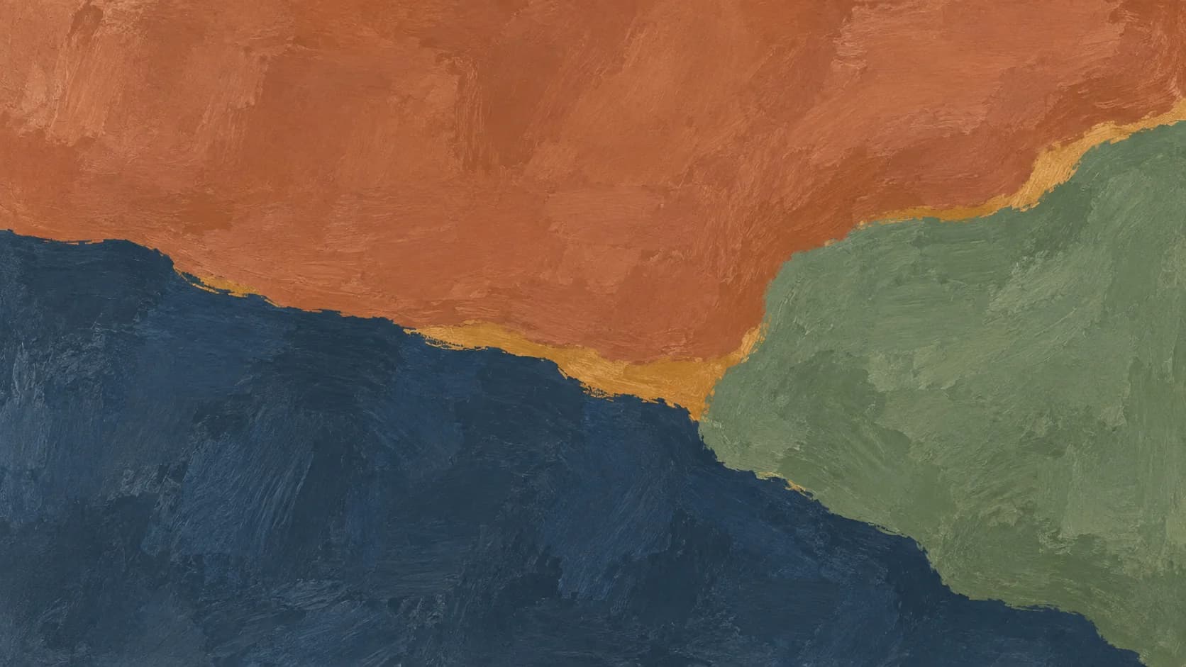 Broad clay and slate pigment fields are counterbalanced by sage along an irregular ochre seam.