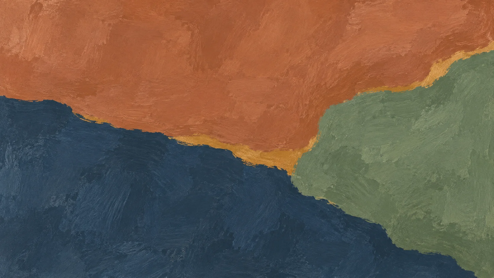 Broad clay and slate pigment fields are counterbalanced by sage along an irregular ochre seam.
