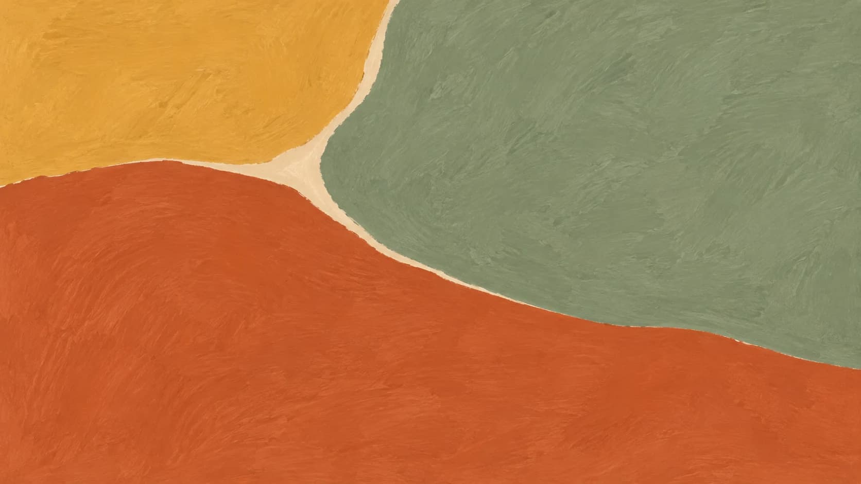 Broad terracotta, ochre and sage gouache fields meet along a narrow, irregular cream joint.