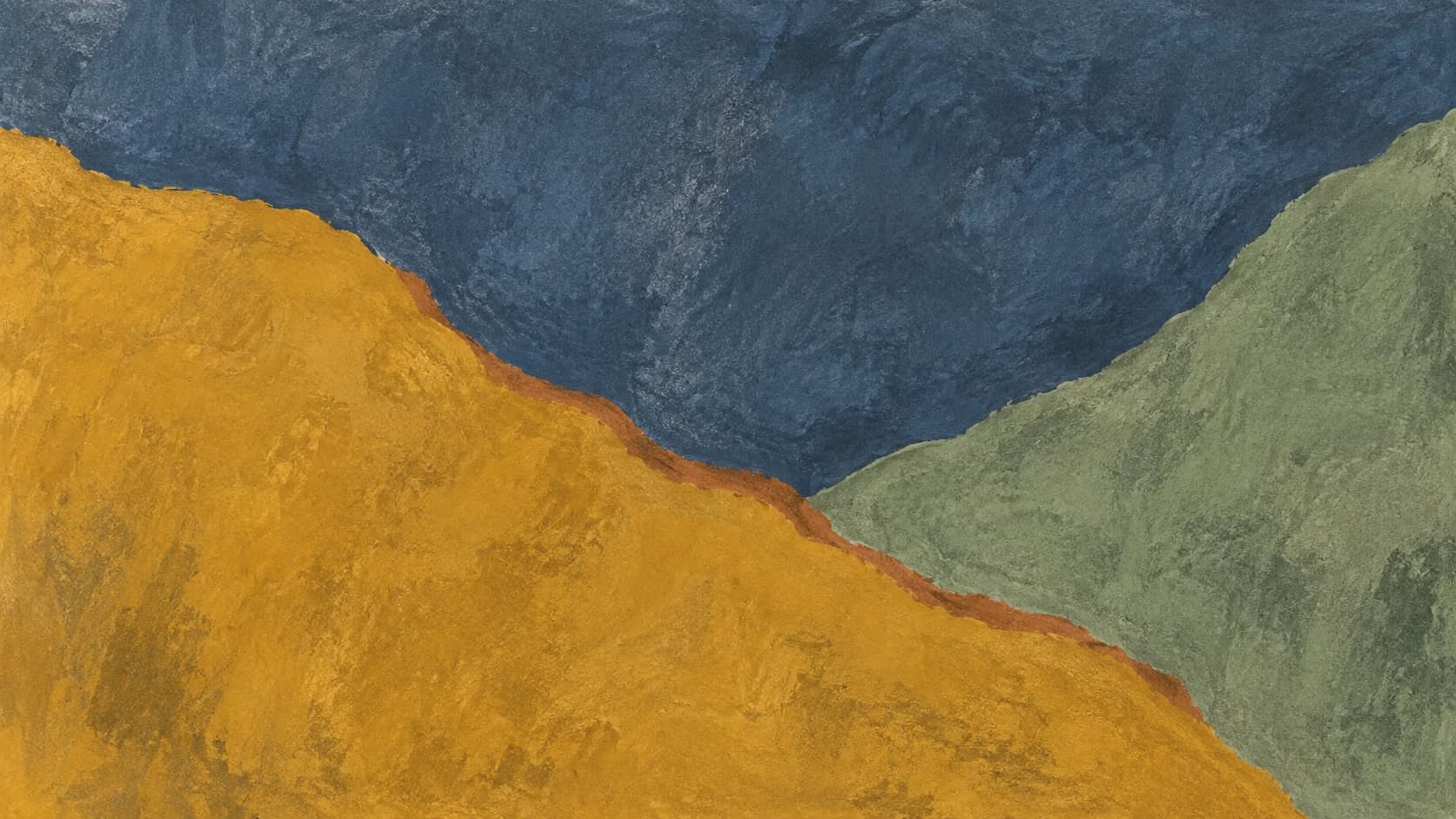 Broad slate, ochre and sage pigment fields meet along a clay-colored boundary.