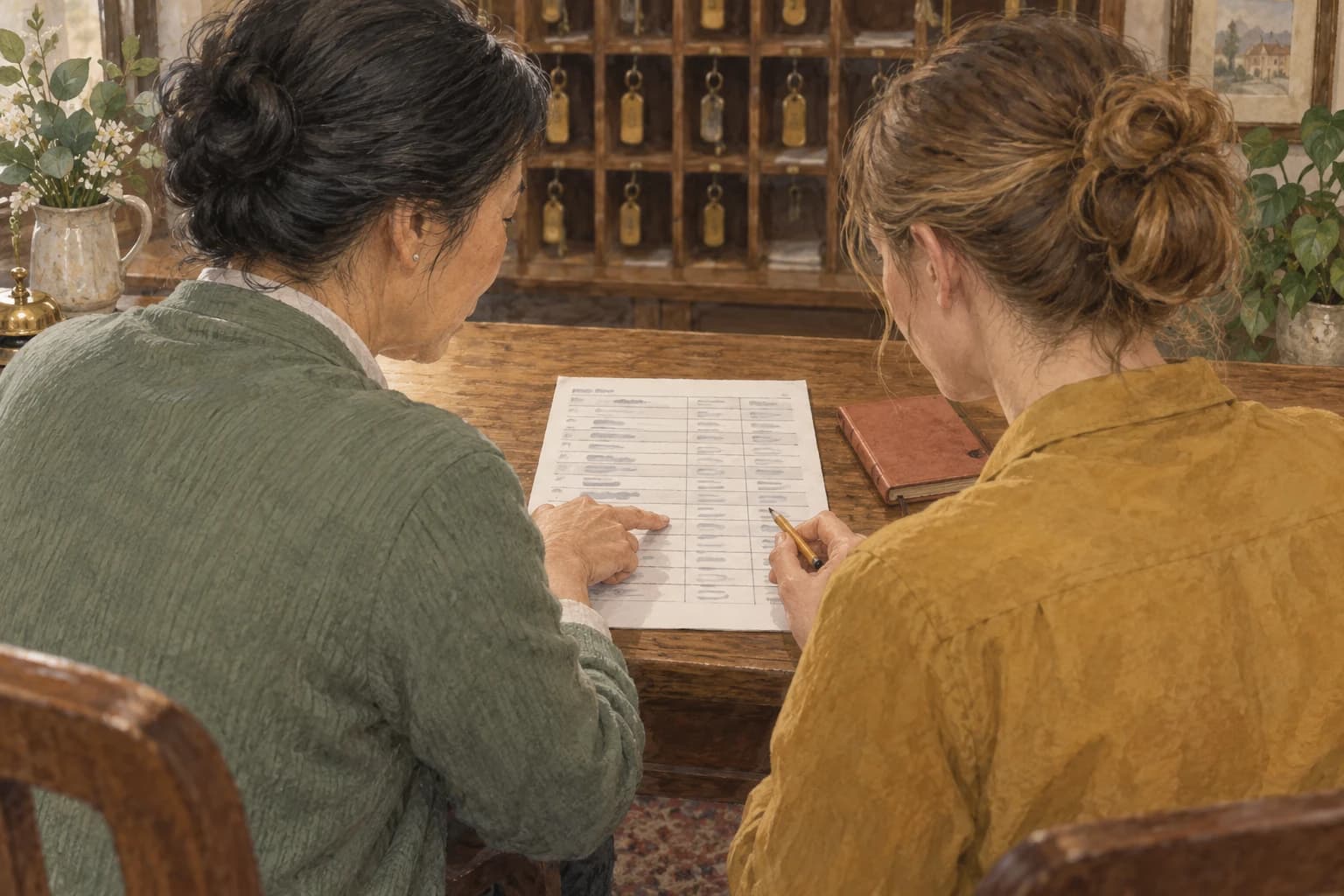 Two reservations colleagues sit side by side, checking a booking record oriented toward them.