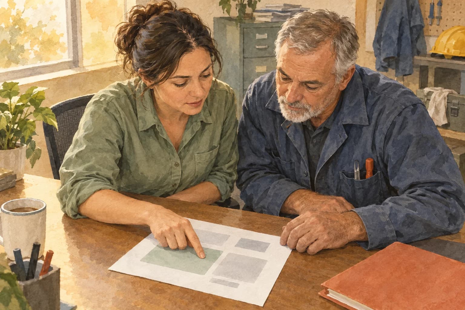 A maintenance coordinator points to a work order while a technician checks the same sheet beside her.