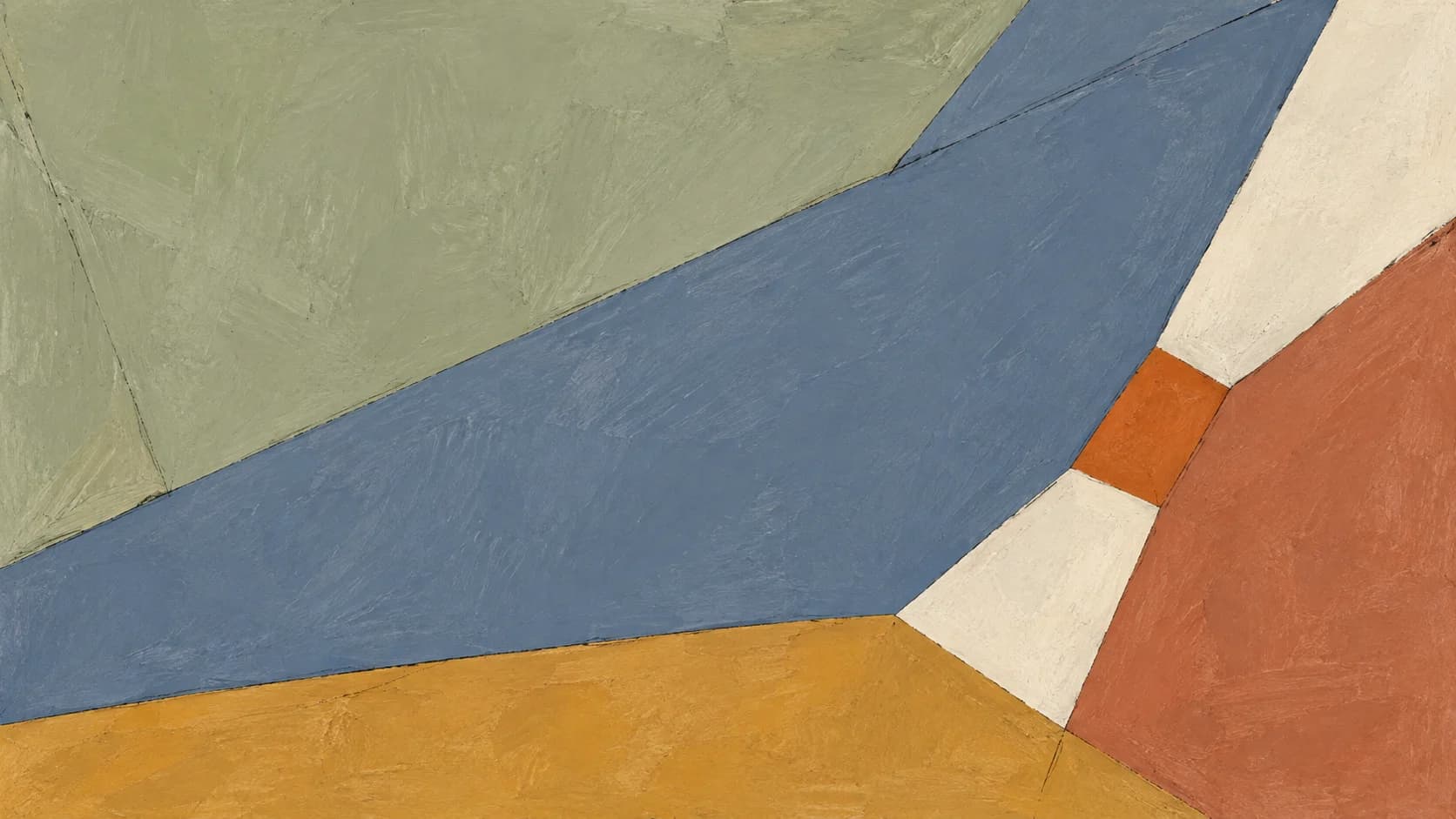 Broad slate blue, sage, ochre and terracotta painted planes fit together around a warm ivory seam and a small orange facet.