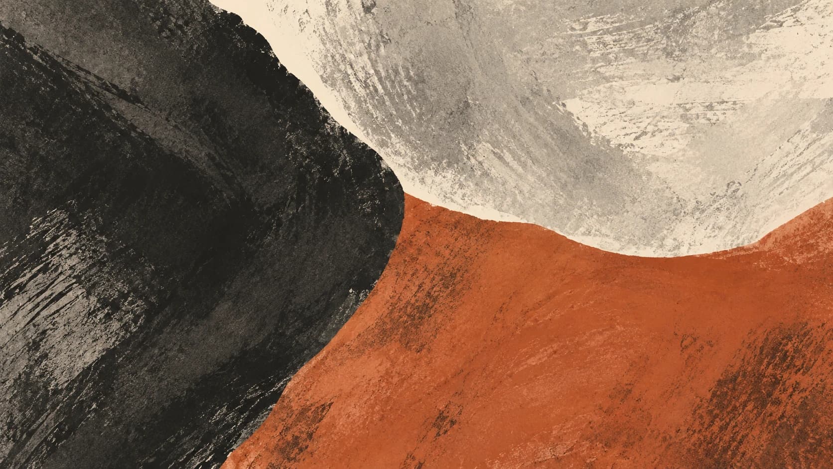 Charcoal, gray and terracotta fields meet at a narrow ivory boundary.