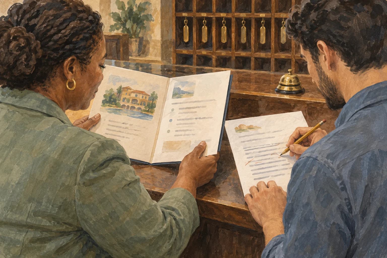 Gouache illustration of hotel colleagues comparing a reference folder with a draft letter and marking a correction at a reservations desk.