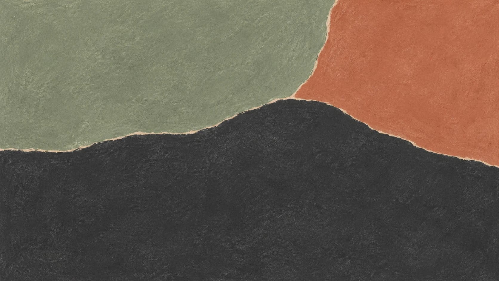 A broad charcoal pastel field meets sage and terracotta along gently uneven boundaries.
