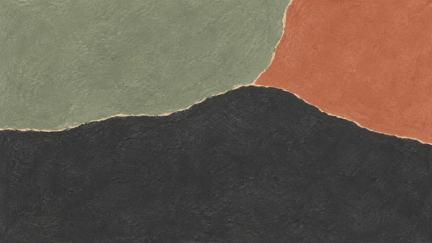 A broad charcoal pastel field meets sage and terracotta along gently uneven boundaries.